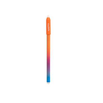 Caneta colorida com corpo gradiente e tampa laranja com texto