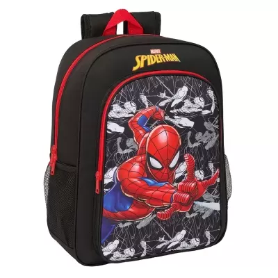 Mochila preta e vermelha com imagem do Homem-Aranha no painel frontal