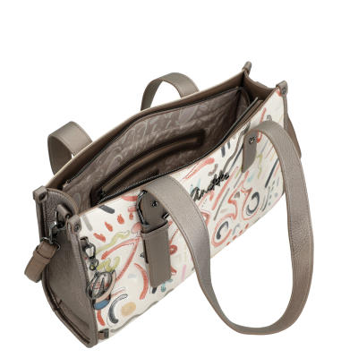 Mala de mão taupe com padrão abstrato colorido e alças em pele sintética