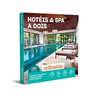 Caixa de oferta Hotéis & Spa a Dois com imagem de piscina interior e cadeiras