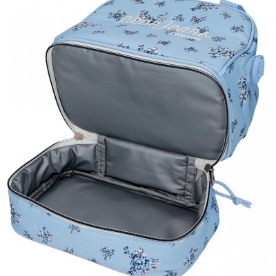 Estojo azul claro com padrão floral aberto mostrando interior cinza