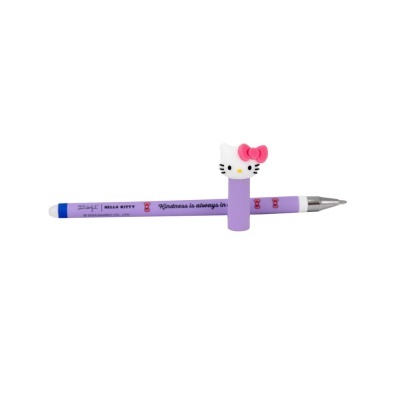 Caneta roxa Hello Kitty com tampa da personagem e texto impresso