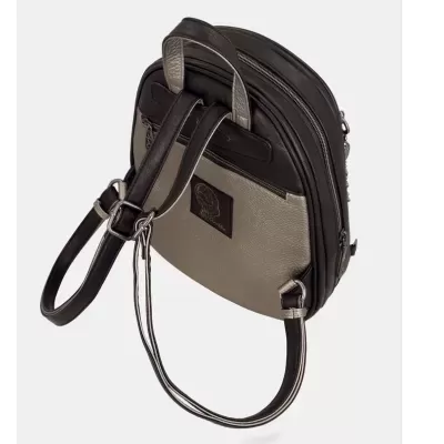 mochila pequena bicolor preta e cinza com bolso exterior