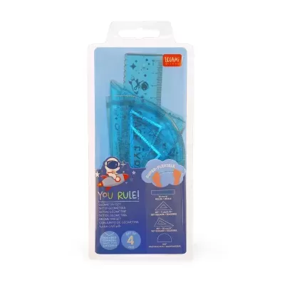 Conjunto de geometria azul transparente com 4 peças em caixa plástica.