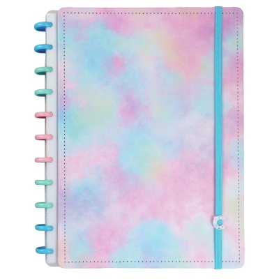 Caderno tie-dye com elástico azul e argolas coloridas