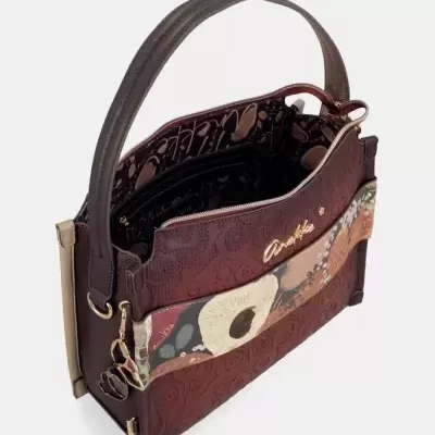 Mala de mão bordeaux com padrão floral e interior estampado