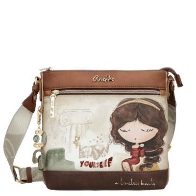 Mala de ombro Anekke bege e castanha com ilustração de menina e texto Know Yourself