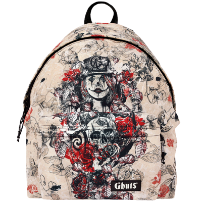 Mochila estampada com design artístico de rostos, caveira e rosas em vermelho, preto e bege