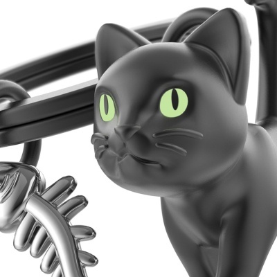 anel com gato preto e esqueleto de peixe prateado