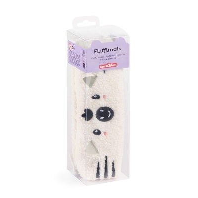 Estojo peluche branco Fluffimals em embalagem transparente com rótulo lilás.