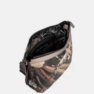 Bolsa tipo saco em padrões castanhos e rosa com fecho de correr e interior floral