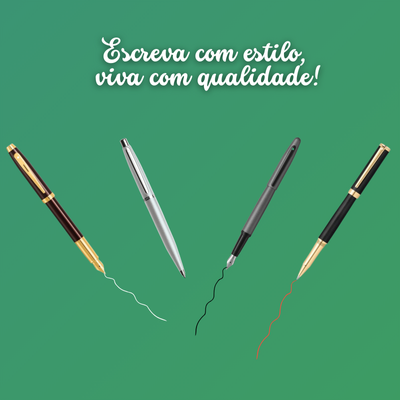 Quatro canetas coloridas e texto promocional em fundo verde
