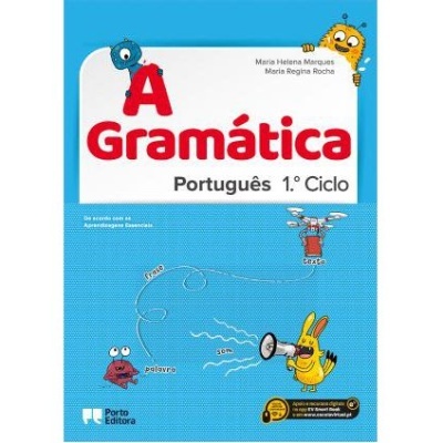 Capa de livro educativo de gramática para o 1.º ciclo em português com ilustrações e texto