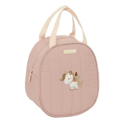 Mala infantil rosa claro com bordado de unicórnio e alças bege