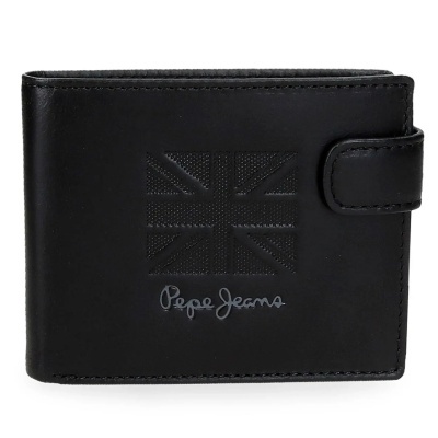 Carteira preta em pele com fecho, bandeira do Reino Unido e logótipo Pepe Jeans