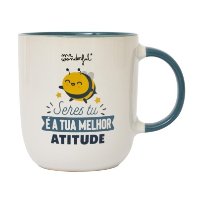 Caneca de cerâmica com abelha e texto motivacional