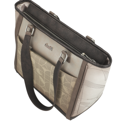 Mala de mão castanha e bege com padrão estampado e logótipo Anekke