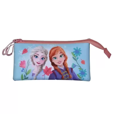 Estojo de tecido azul com fecho rosa e personagens animadas femininas