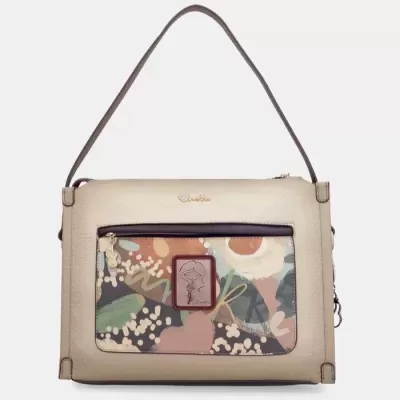 Mala de ombro bege com bolso frontal estampado