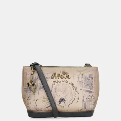 Mala bege com estampado ilustrado e alça preta