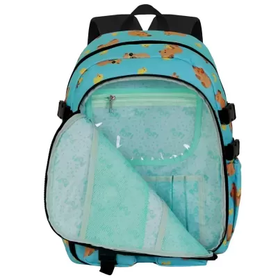 Mochila azul com padrão de ursos e patinhos e interior azul com bolsos