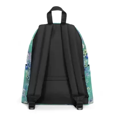 Mochila verde com padrão floral vista de trás