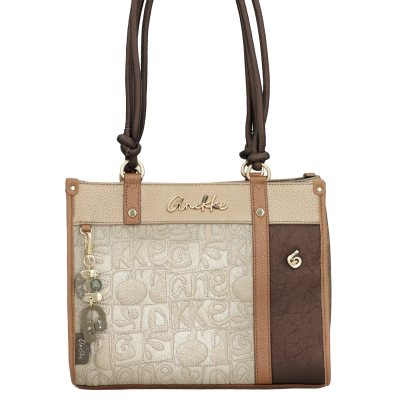 Mala de senhora bege e castanha com padrão em relevo e alças duplas.