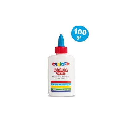 Garrafa de cola branca Carioca com tampa azul e base vermelha, 100 gr.