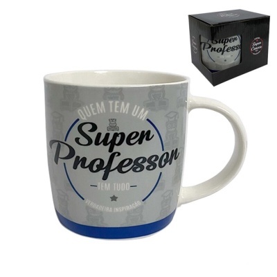 Caneca branca com base azul e texto para professor