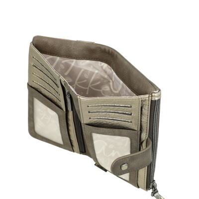 Carteira feminina castanho e bege com vários compartimentos e fechos.