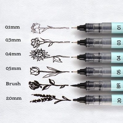 Conjunto de canetas de ponta fina com traços de tinta preta desenhando flores