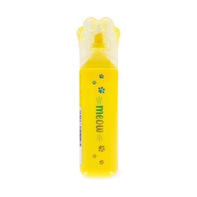 Marcador amarelo com tampa em forma de pata e texto meow