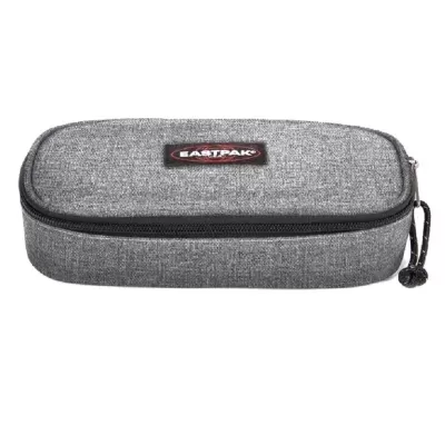 Estojo cinzento retangular com fecho e etiqueta EASTPAK.