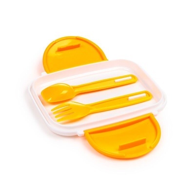 Conjunto caixa plástica com talheres amarelos