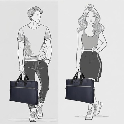 Ilustrações de homem e mulher a segurar mala azul escura com alças pretas