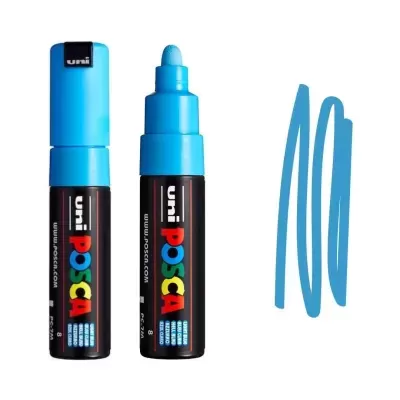 Marcador uni POSCA azul com corpo preto e traços azuis