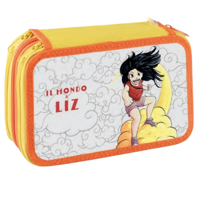 Estojo escolar amarelo com bordas laranja e ilustração de menina e texto IL MONDO LIZ