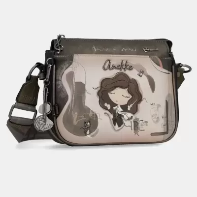 Bolsa tiracolo castanha e bege com desenho infantil e detalhamento musical