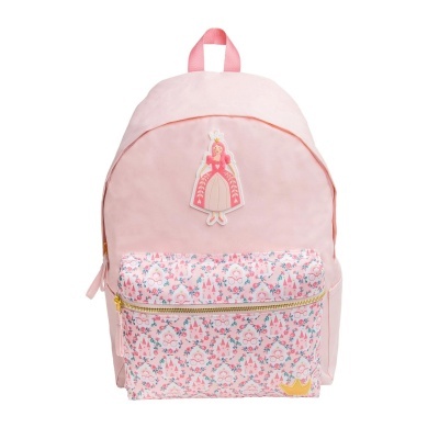 Mochila rosa clara com bolso frontal estampado e aplicação de princesa