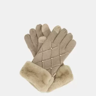 Luvas bege com padrão de losangos e punhos de pele sintética