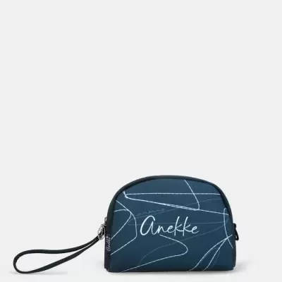Bolsa pequena azul escura com padrão branco e texto Anekke