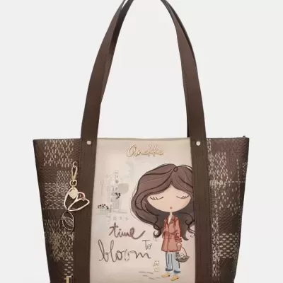 Mala de mão castanha e bege com ilustração e texto decorative