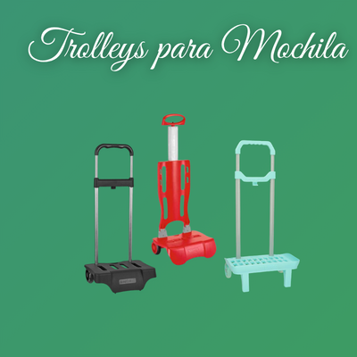 Três trolleys para mochila em diferentes cores, fundo verde, texto branco