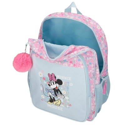 Mochila infantil azul com estampa da Minnie Mouse e padrão floral rosa
