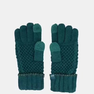 luvas de malha verde escuro com textura trançada e pontas dos dedos verdes mais claros