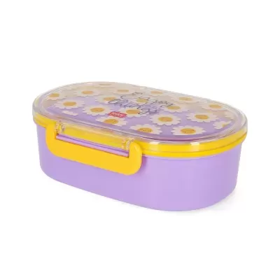 Recipiente plástico roxo com tampa transparente e flores amarelas