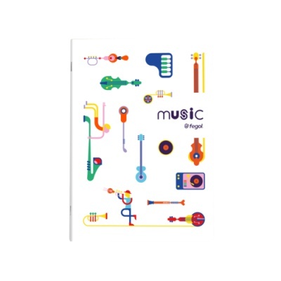 Caderno branco com ilustrações de instrumentos musicais coloridos e texto
