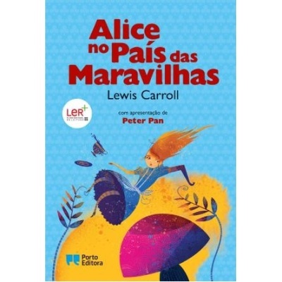 Capa de livro 'Alice no País das Maravilhas' de Lewis Carroll com ilustração de Alice e cogumelos