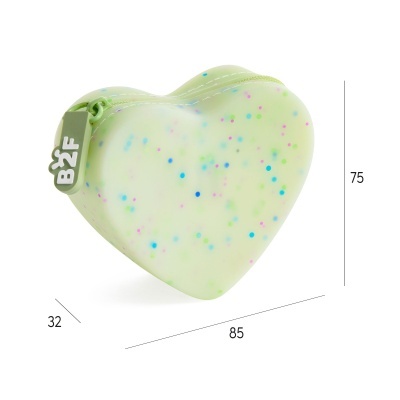 Bolsa de silicone em forma de coração verde clara com bolinhas coloridas e fecho zip