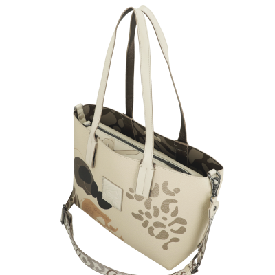 Mala de ombro bege com padrão abstrato e alças duplas